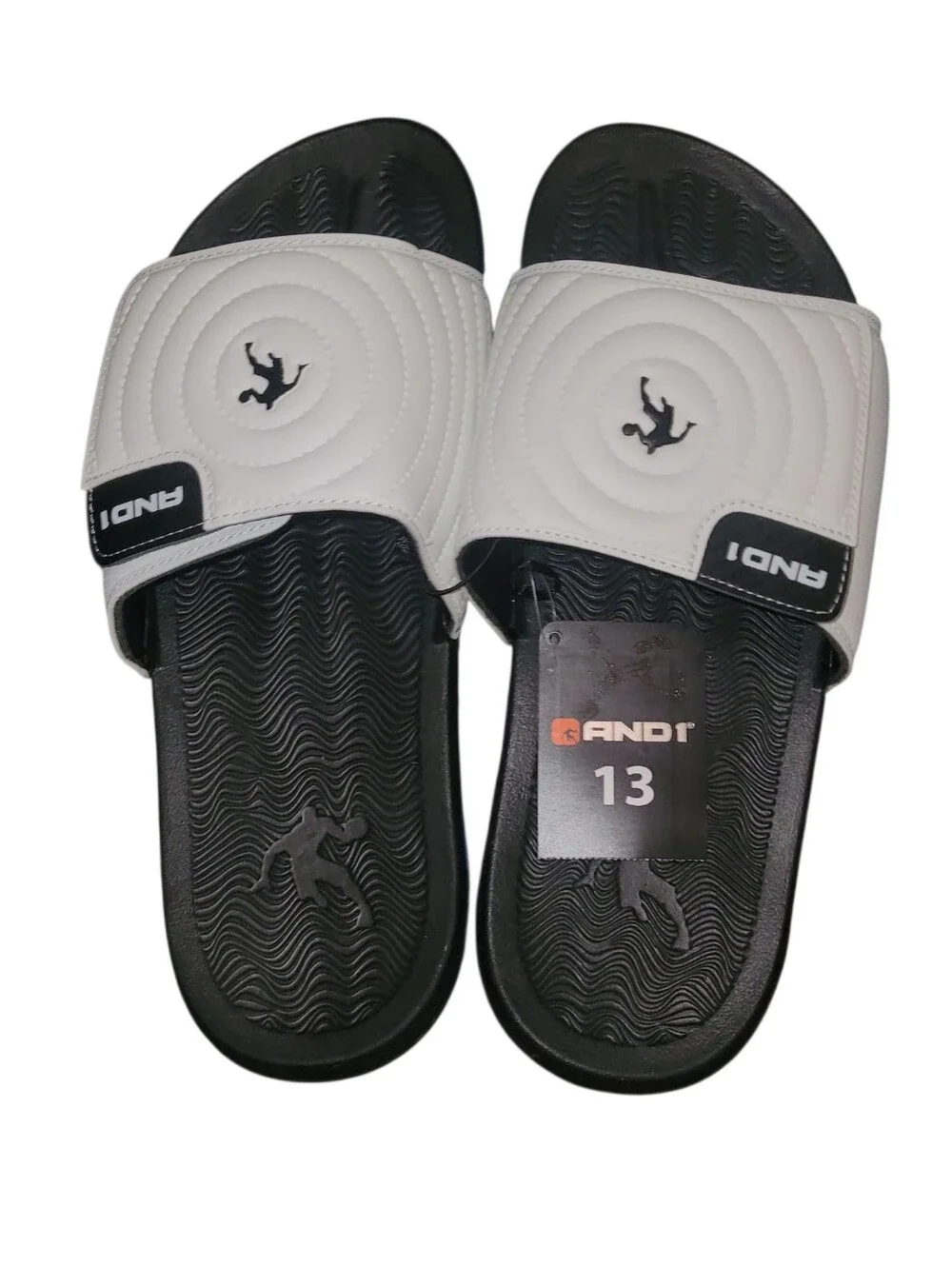 AND1 Men's Athletic Adjustable Swirl Slide Sandals in White Size 13 Blue Black
